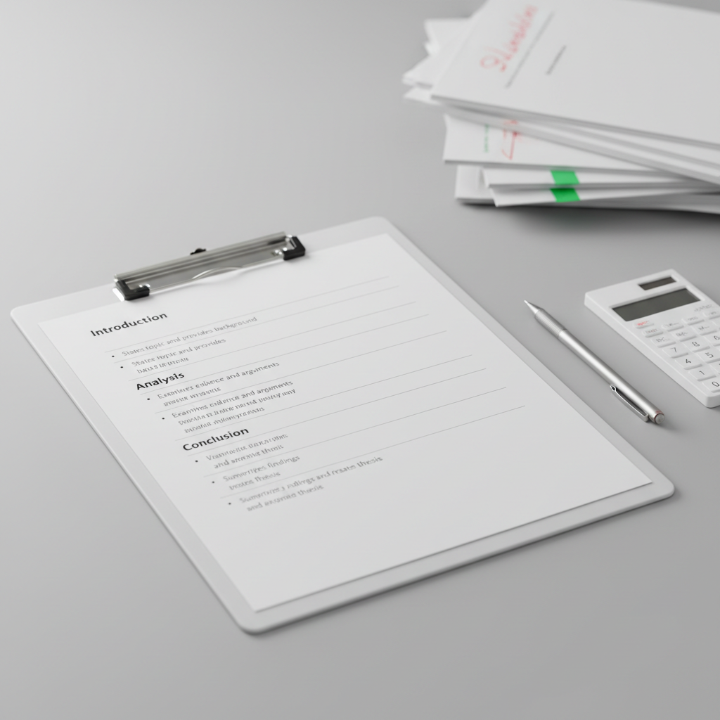 A close-up of a minimalist white clipboard holding a printed school assignment rubric with clean, professional typography and clearly defined sections, resting on a smooth, pale grey desk surface. The rubric shows headings like “Introduction,” “Analysis,” and “Conclusion,” with evenly spaced bullet points and subtle grey lines separating criteria. To the side lies a precise mechanical pencil and a slim calculator, both arranged parallel to the clipboard’s edge. In the softly blurred background, a neatly stacked pile of graded assignments with visible but unreadable markings adds context. Soft overhead studio lighting creates even illumination with faint, crisp shadows that emphasize structure. Shot from a slightly elevated angle with shallow depth of field, the image feels meticulous, orderly, and academic, embodying a clean, photographic realism with a corporate, structured aesthetic.