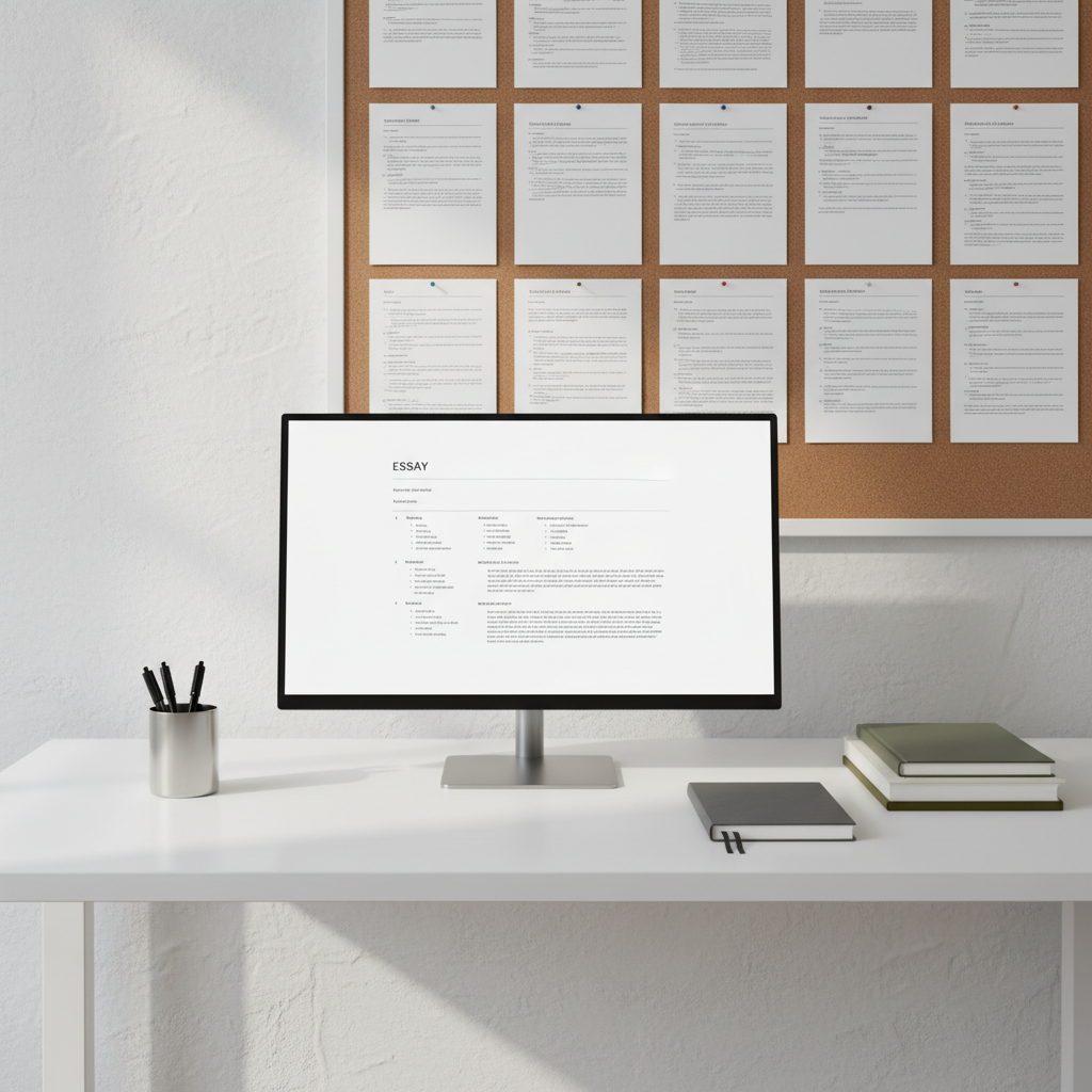 A sleek, modern study workstation with a slim, high-resolution monitor displaying a well-formatted essay outline against a white background, placed on a matte white desk with clean, straight edges. Beside the monitor sits a closed graphite-grey notebook, a neatly stacked trio of textbooks with muted covers, and a simple metal desk organizer containing a few black and silver pens. A large corkboard in the background holds evenly spaced, pinned assignment sheets and printed rubrics. Cool, diffused daylight enters from the left, creating a soft gradient of light across the wall and a subtle shadow under the monitor stand. Captured at eye level with a slightly wide lens, the composition follows the rule of thirds, conveying a calm, organized, and professional mood in a photographic, corporate style with balanced composition and neutral tones.