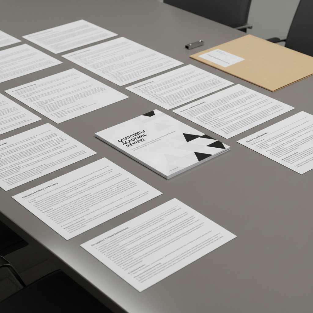 A meticulously arranged set of printed school assignments spread in a fan-like pattern on a smooth, mid-tone grey conference table, each page featuring clean headings, numbered sections, and neatly formatted paragraphs. At the center sits a single, stapled report with a bold, centered title and a minimalist, monochrome cover design. To the upper right, a slim, silver USB drive and a labeled folder reading “Final Submissions” add a sense of completion. Overhead, diffuse office lighting produces even, shadow-free illumination, emphasizing the crisp whiteness of the pages against the muted table surface. Captured from a slightly elevated, diagonal angle with sharp focus across the entire frame, the image feels structured and precise. The atmosphere is formal and academic, echoing a corporate boardroom aesthetic with clean lines, balanced composition, and photographic realism.